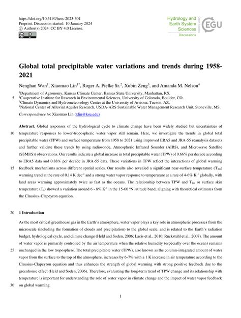 Pdf Global Total Precipitable Water Variations And Trends During 1958