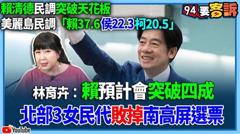 【94要客訴】賴清德民調突破天花板！美麗島民調「賴37 6侯22 3柯20 5」！林育卉：賴預計會突破四成！北部3女民代敗掉南高屏選票 Youtube