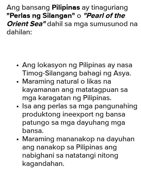 Bakit Tinaguriang Perlas Ng Silangan Ang Bansang Pilipinas A Dahil