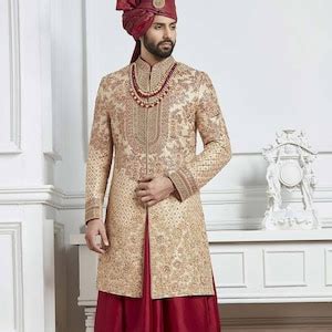 Gold Maroon Indian Wedding Sherwani Etsy Uk