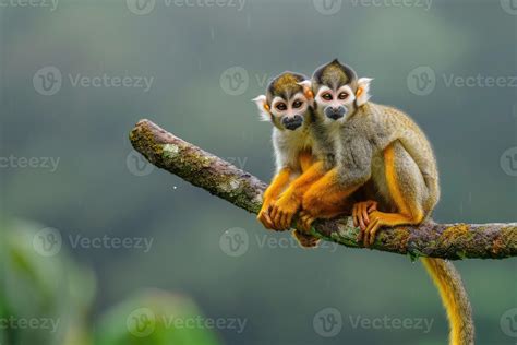 Two Common Squirrel Monkeys Saimiri Sciureus Playing On A Tree Branch