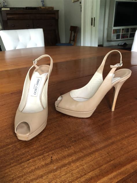 Jimmy Choo Nude Beige Sling Back Peep Toe Heels Platf Gem