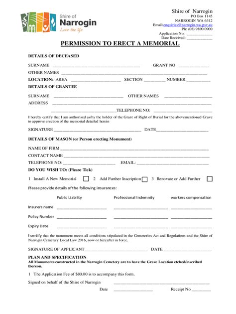 Fillable Online PERMISSION TO ERECT A MEMORIAL Shire Of Narrogin Fax