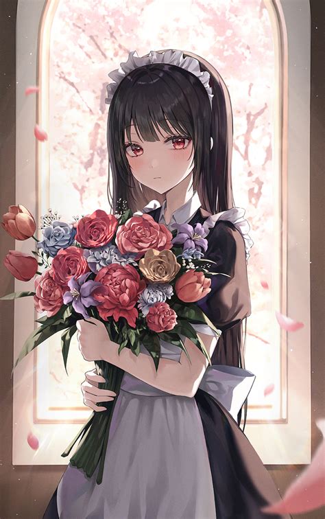 Safebooru 1girl Apron Black Dress Black Hair Blurry Blush Bouquet