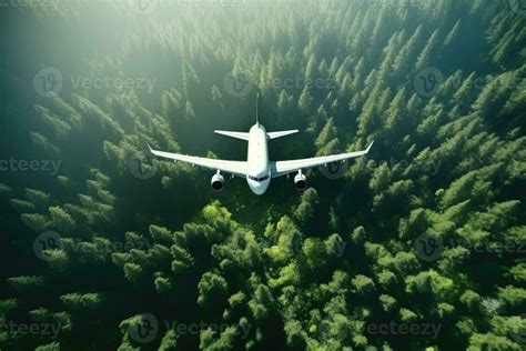 Aerial view of White Airplane taking off or flying in the air above ...