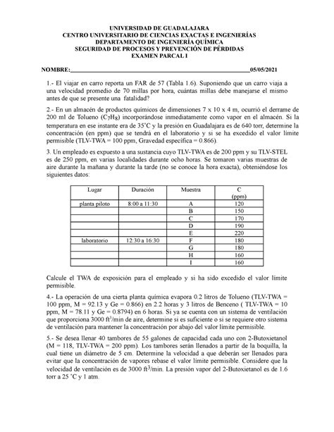 Examen 1 Seguridad De Procesos Y Prevención De Pérdidas Universidad