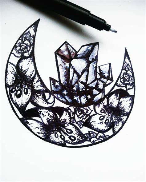 Moon • Gems • Flower • Black Ink Dotwork • Tattoo Idea • Art Drawing