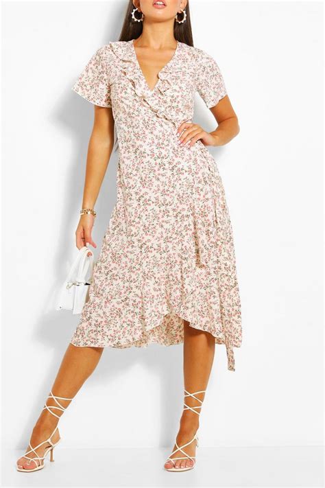 Ditsy Floral Print Ruffle Wrap Midi Tea Dress