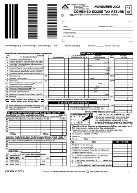 State Of Washington Combined Excise Tax Return Form 2002 Printable