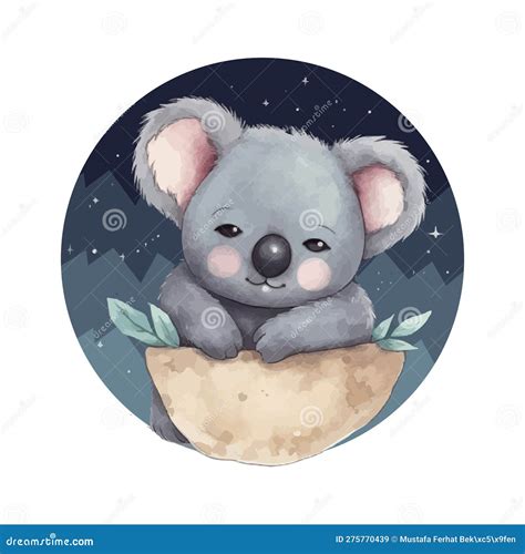 Cute Cartoon Kawaii Baby Koala Watercolor Illustration Stock Vector