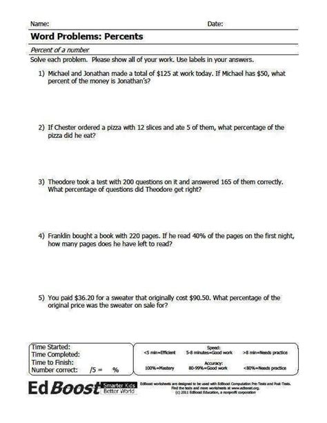 Percent Of A Number Word Problems Worksheet