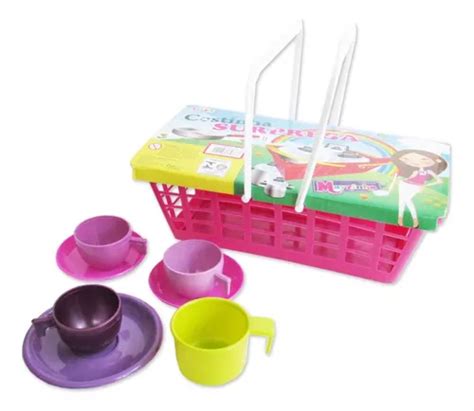 Kit Cozinha Cestinha Piquenique Panelinhas De Brinquedo Cor Rosa