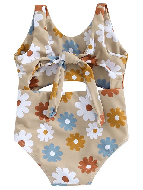 Mevireiy Baby Girls Swimwear Floral Print Knot Cutout Sleeveless Bikini Bathing Suit Brown