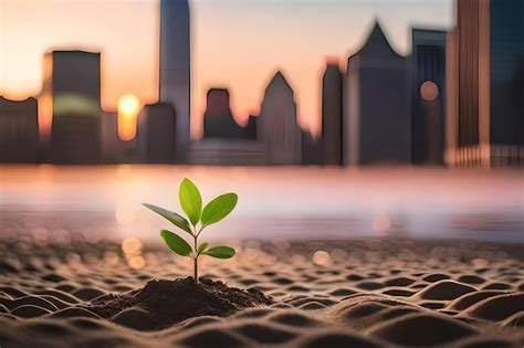 Una pequeña planta que crece en la arena frente al horizonte de la