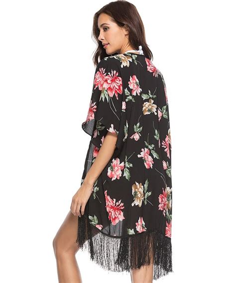 Women Beach Tunic Bikini Cover Up Print Tassel Cardigan Kimono Swimwear B C818CCN29N7