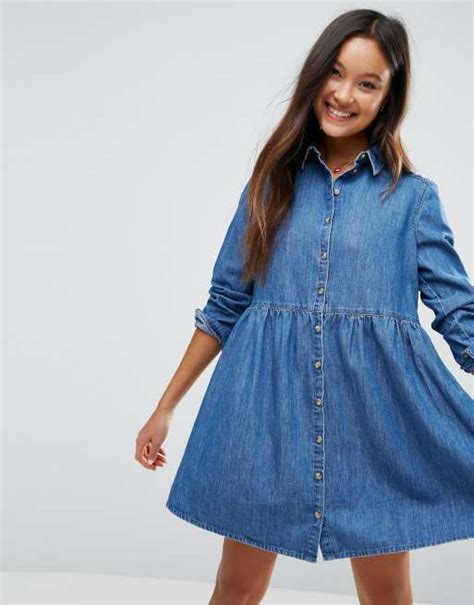 Asos Asos Denim Smock Shirt Dress In Midwash Blue