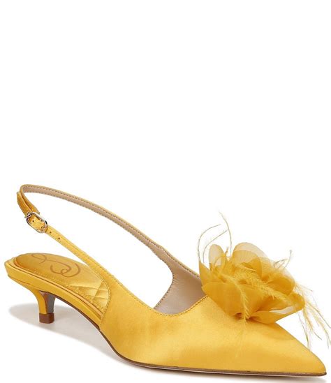 Sam Edelman Faye Satin Kitten Heel Slingback Sheer Flower And Feather