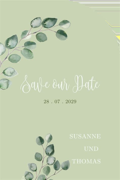 Halbrunde Save the Date Karte in lindgrün mit Eukalyptus Blättern