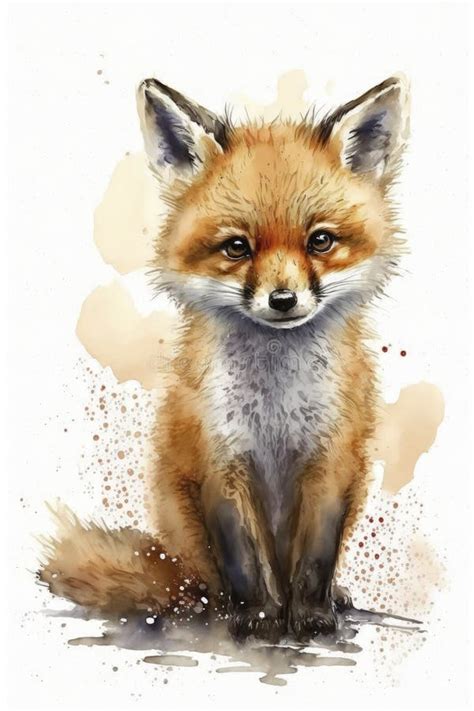 Adorable Baby Fox Watercolor Illustration Nursery Art Stock