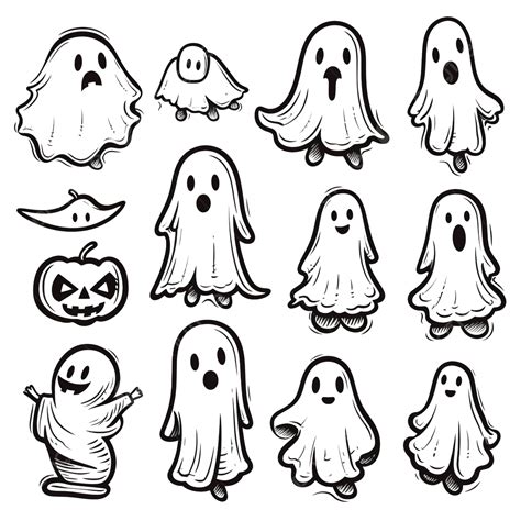 Halloween Ghost Doodle Set Cartoon Cute Characters Hand Drawn Clipart