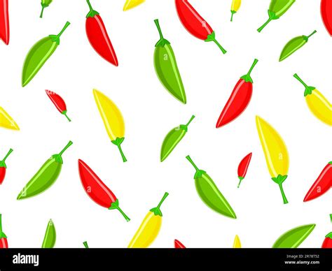 Seamless Pattern With Red Green Yellow Hot Chili Peppers On White Background Stock Vector Image