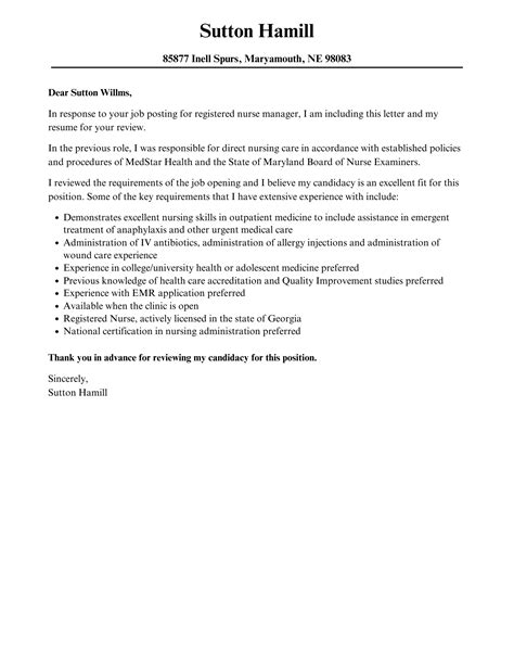 Registered Nurse Manager Cover Letter | Velvet Jobs