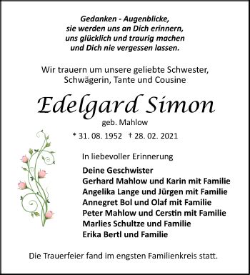 Traueranzeigen Von Edelgard Simon M Rkische Onlinezeitung Trauerportal