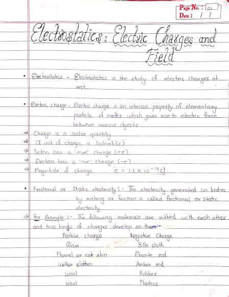 Electrostatics Electric Charges And Field Class 12 Physics Handwritten Notes Artofit