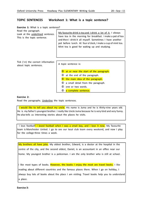 Topic And Supporting Sentences Worksheet