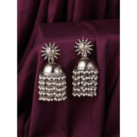 Buy Viraasi Silver Plated Ethnic Pearl Drop Big Jhumka Earrings For