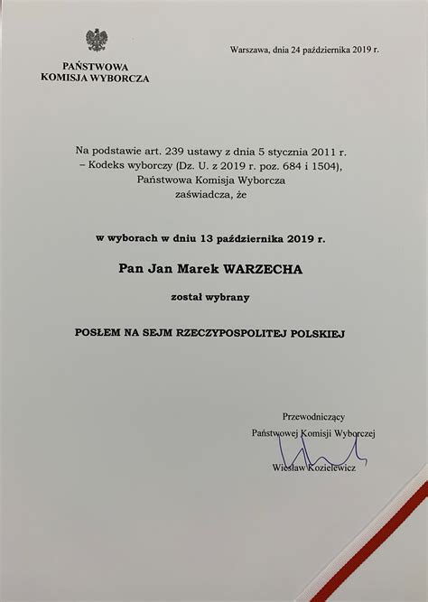 Jan Warzecha Odebra Za Wiadczenie O Wyborze Na Pos A Na Sejm Ix