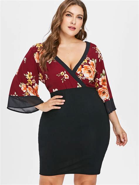 Kenancy Plus Size Bell Sleeve Low Cut Floral Dress Plunging Neck Knee