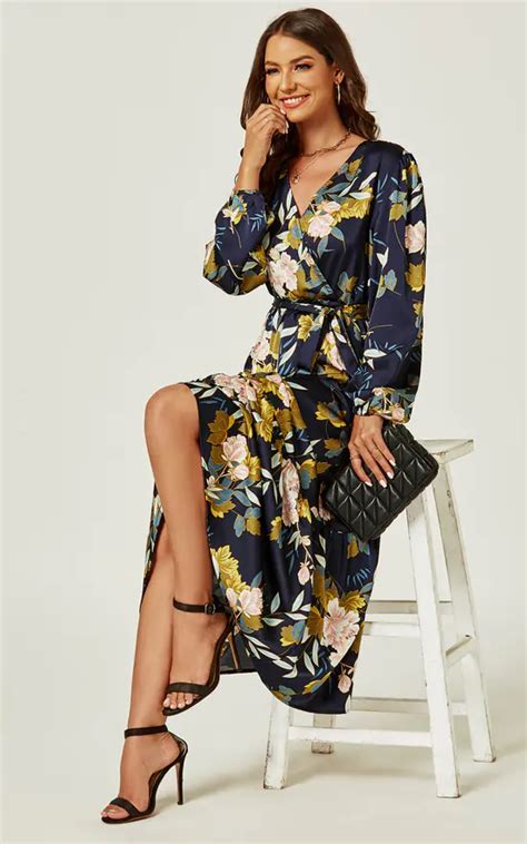 Navy Floral Long Sleeve Wrap Midi Dress Silkfred Us