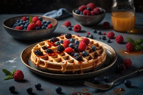 Premium Photo Belgian Waffles With Raspberries Blueberries And Syrup