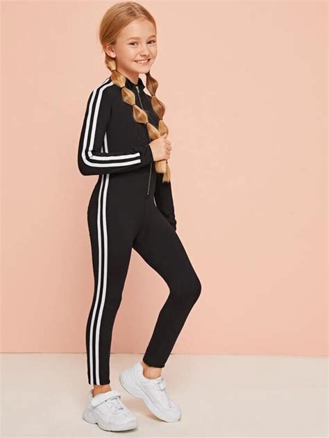 Girls Mock Neck Striped Side Zipper Front Jumpsuit Shein Usa Custom