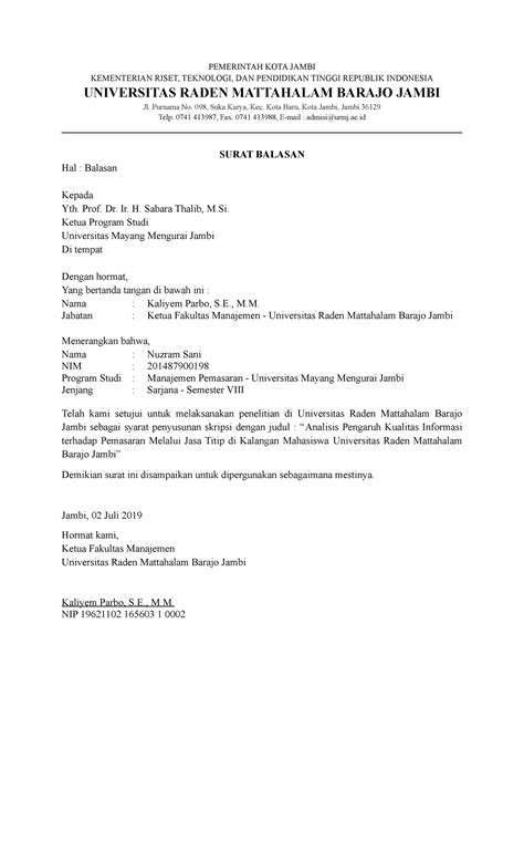 contoh surat balasan penelitian  kampus  penyusunan skripsi