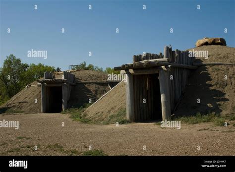 Re-constructed Mandan earth lodges at On-A-Slant Indian Village, South ...