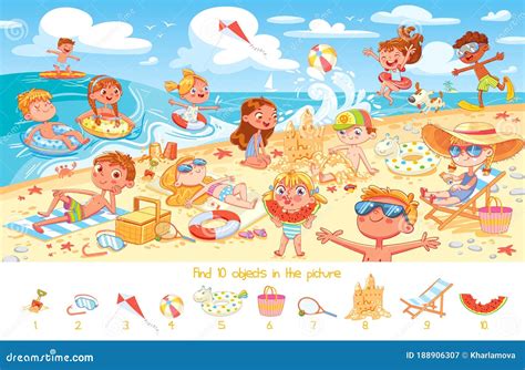 Find 10 Objects in the Picture. Group of Kids Having Fun on Beach Stock ...