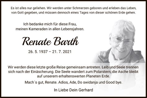 Traueranzeigen Von Renate Barth Trauer HNA De