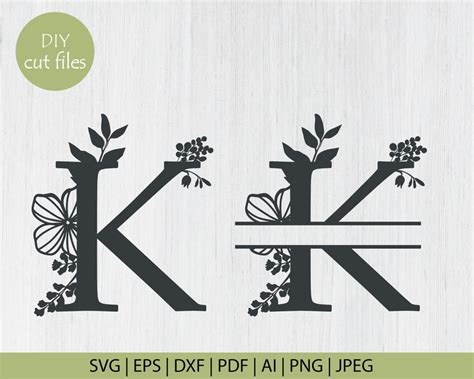 Botanical Floral Letter K Split Monogram Svg Split Monogram Etsy