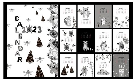 Premium Vector | Calendar for 2023 forest and animals in black and white colors Calendar with ...