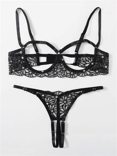 Cut Out Embroidered Mesh Underwire Lingerie Set SHEIN UK