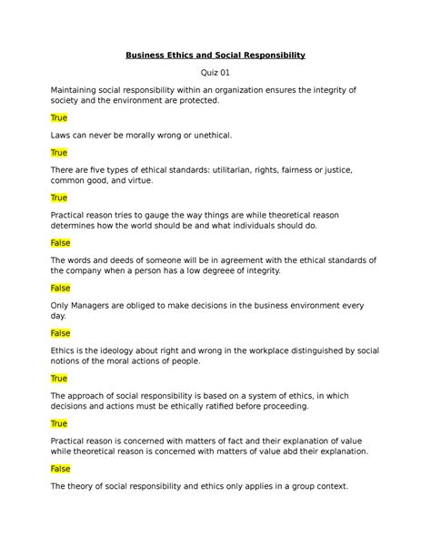 Business Ethics Answer Key Business Ethics And Social Responsibility