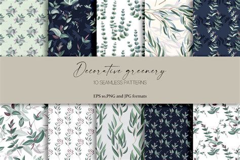 Decorative Greenery Patterns By Vasmila Design TheHungryJPEG