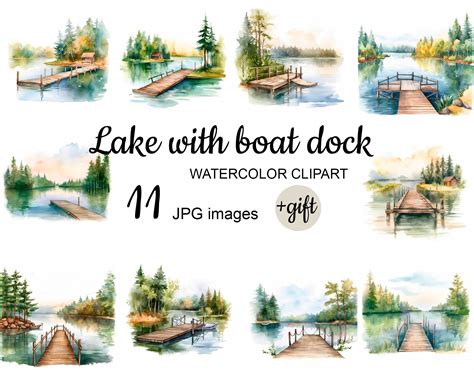 Lake With Boat Dock Clipart Watercolor Printable Art Etsy Australia