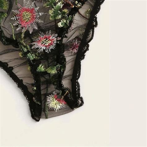 Embroidered Floral Black Lingerie Set Full Transparent See Etsy