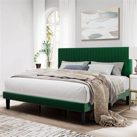 SHA CERLIN Green King Size Upholstered Platform Bed Frame With