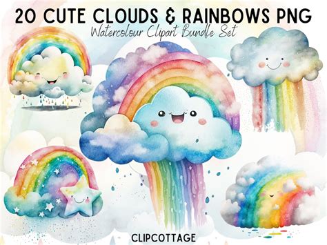 Cute Cloud and Rainbow Clipart PNG Sublimation Bundle 20 Transparent ...