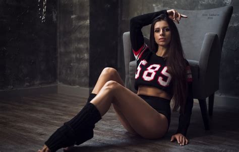 Wallpaper Brown Eyes Women Brunette Armchair Sitting Black Panties Wooden Surface Black