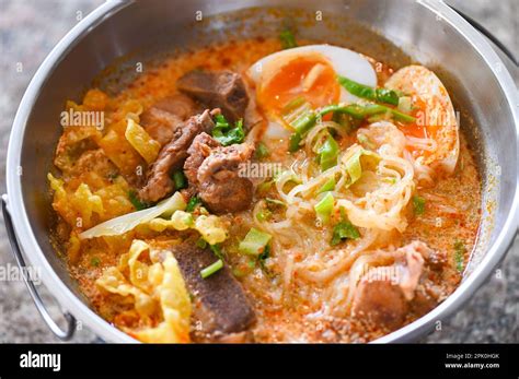 Curry Bone Soup Bone Noodle Soup Pork With Boiled Eggs In Hot Pot Thai Food Tom Yum Hot And